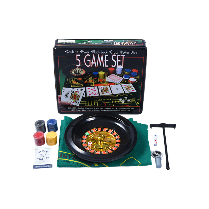 Sada kasinových her 5 v 1 – ruleta, poker, black jack, kostky, pokerové kostky v kovovém plechu