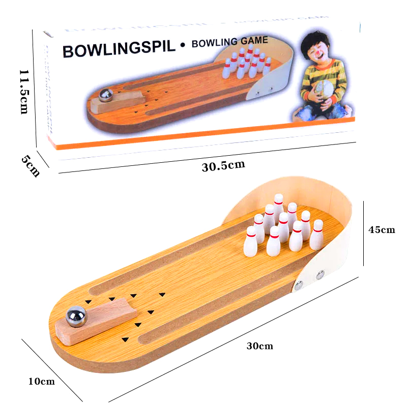 Kompaktní dřevěná sada s ocelovou koulí a kolíky Mini stolní bowlingová hra
